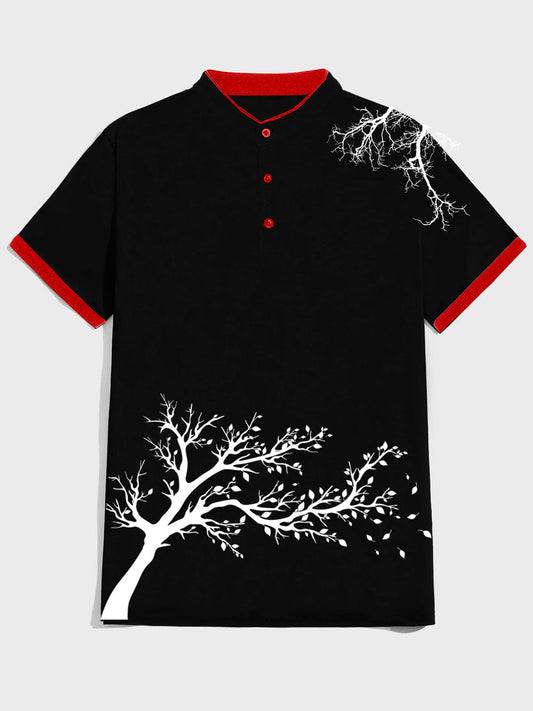 Men's Slim Fit Graphic Print Leaf Tree Mandarin Collar Polo