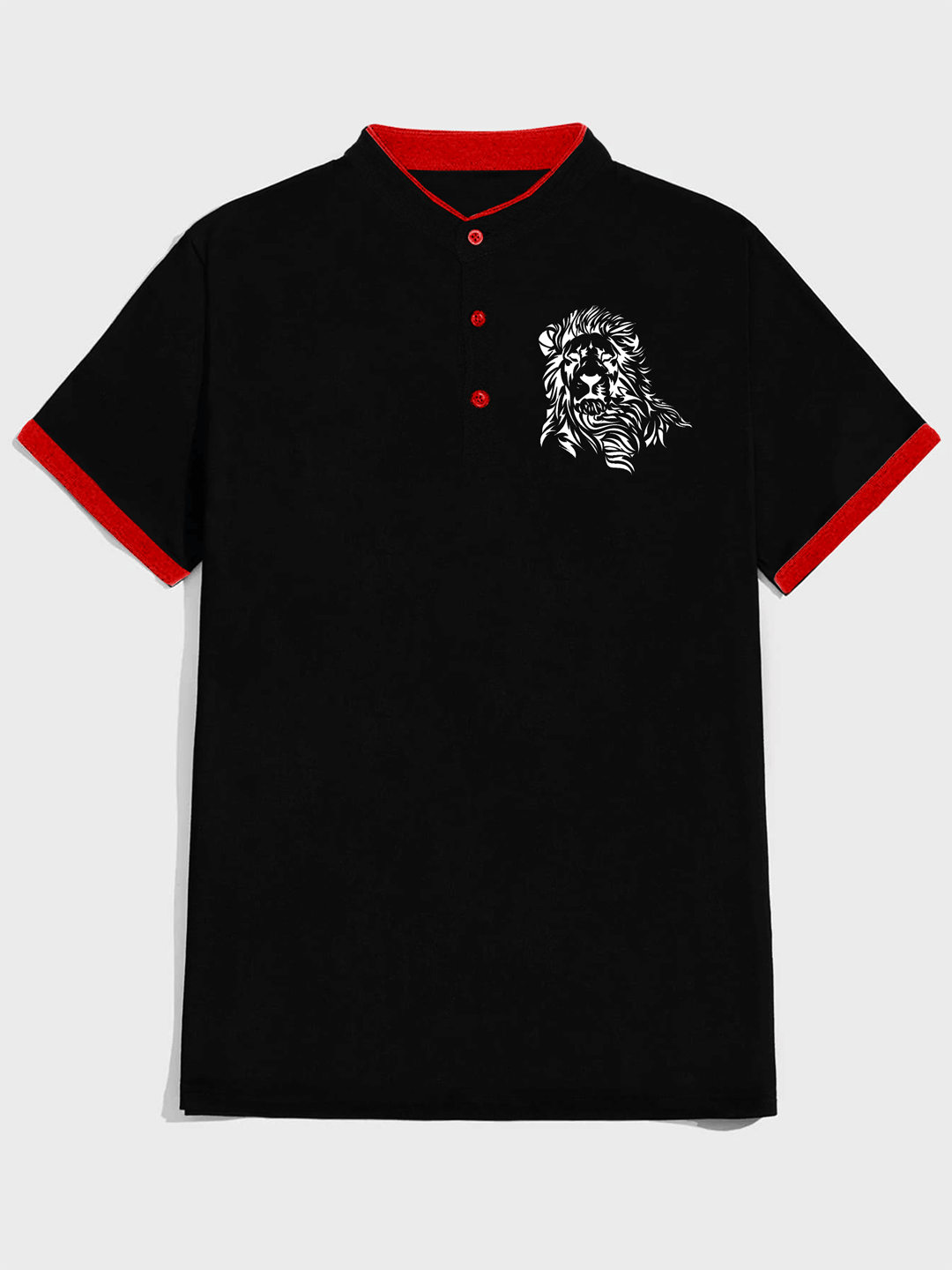 Men's Slim Fit Graphic Wight lion Print Mandarin Collar Polo