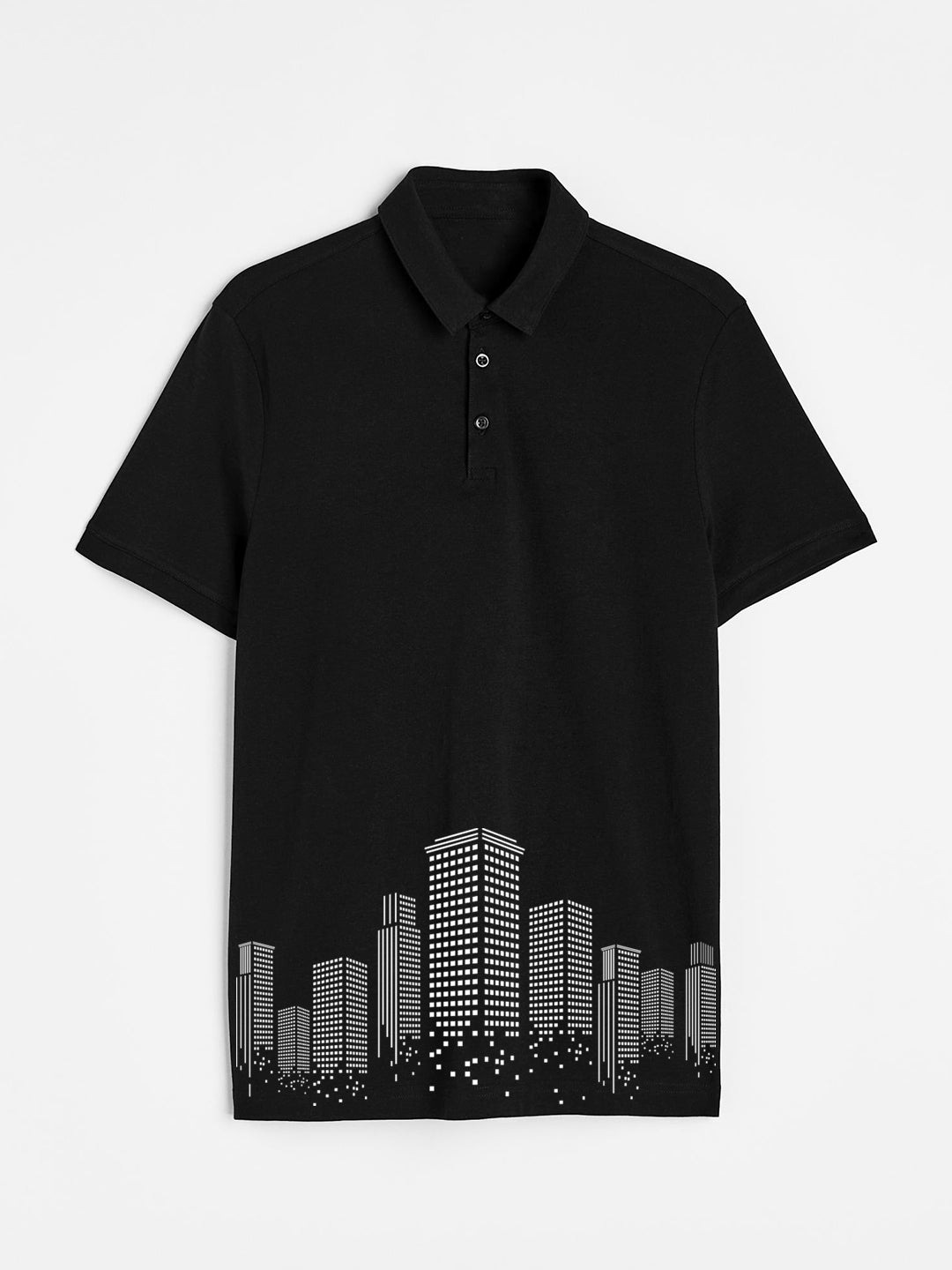 Men's Building Printed Black Cotton Polo