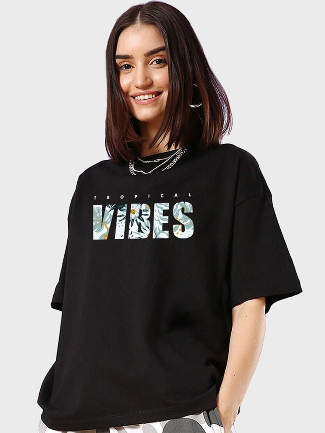 Women's Vibes Oversized Black Graphic Tee