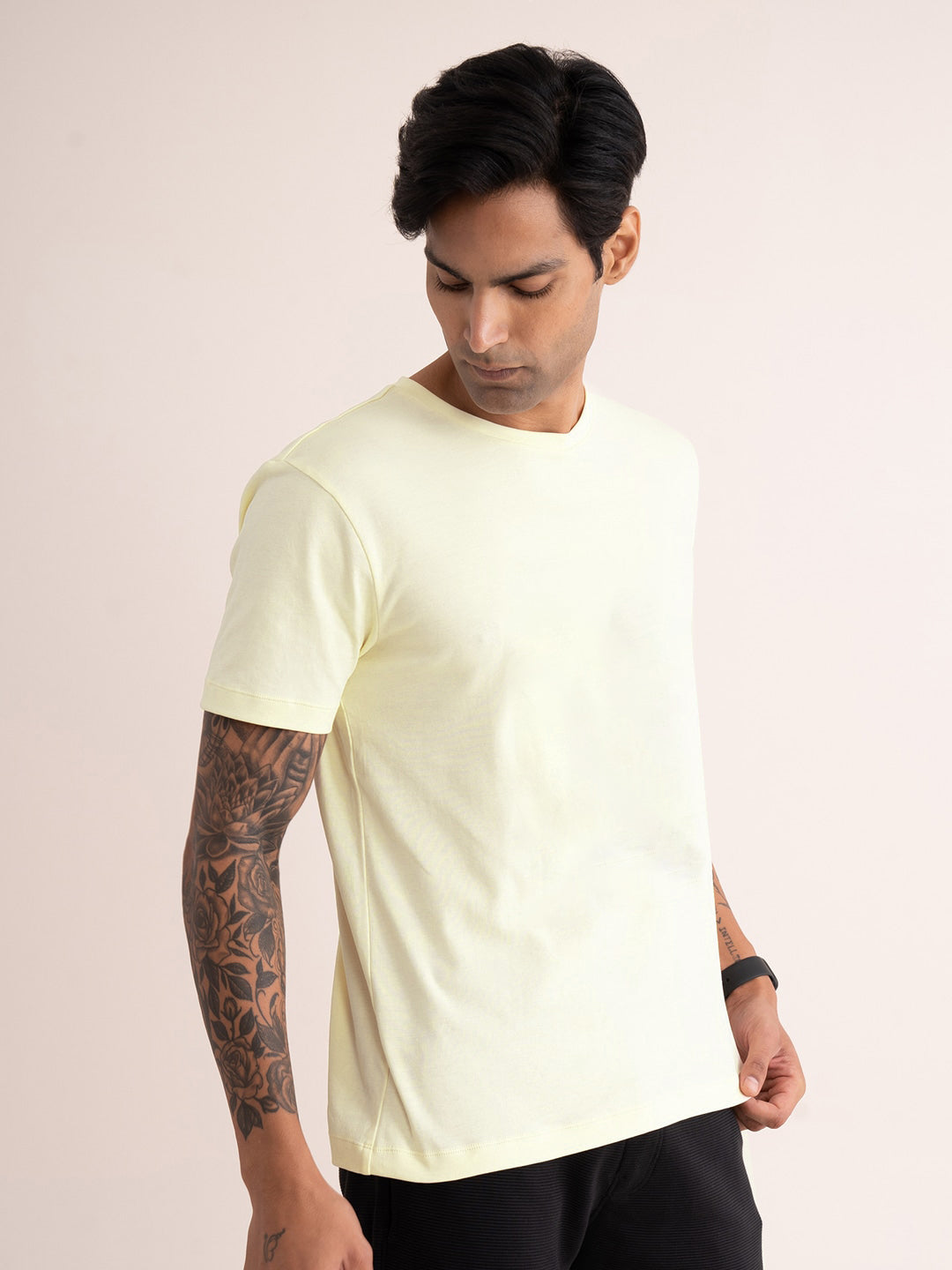 Men's Solid Lemon Yellow Cotton Tee