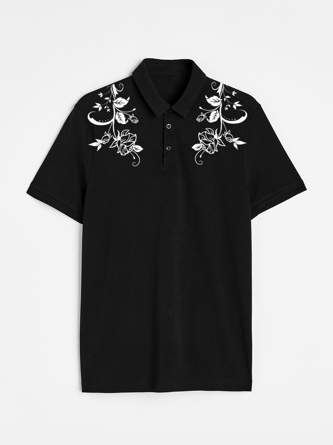 Men's White Rose Printed Black Cotton Polo