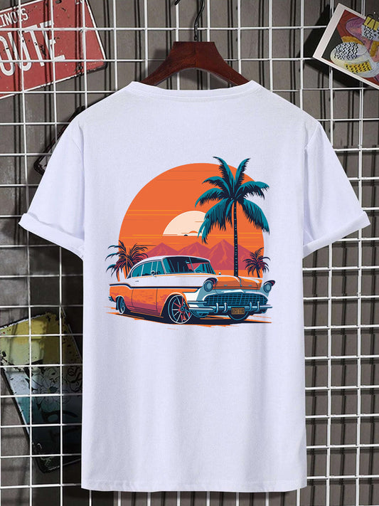 Men's Beach Car Print Graphic Slim Fit White Tee