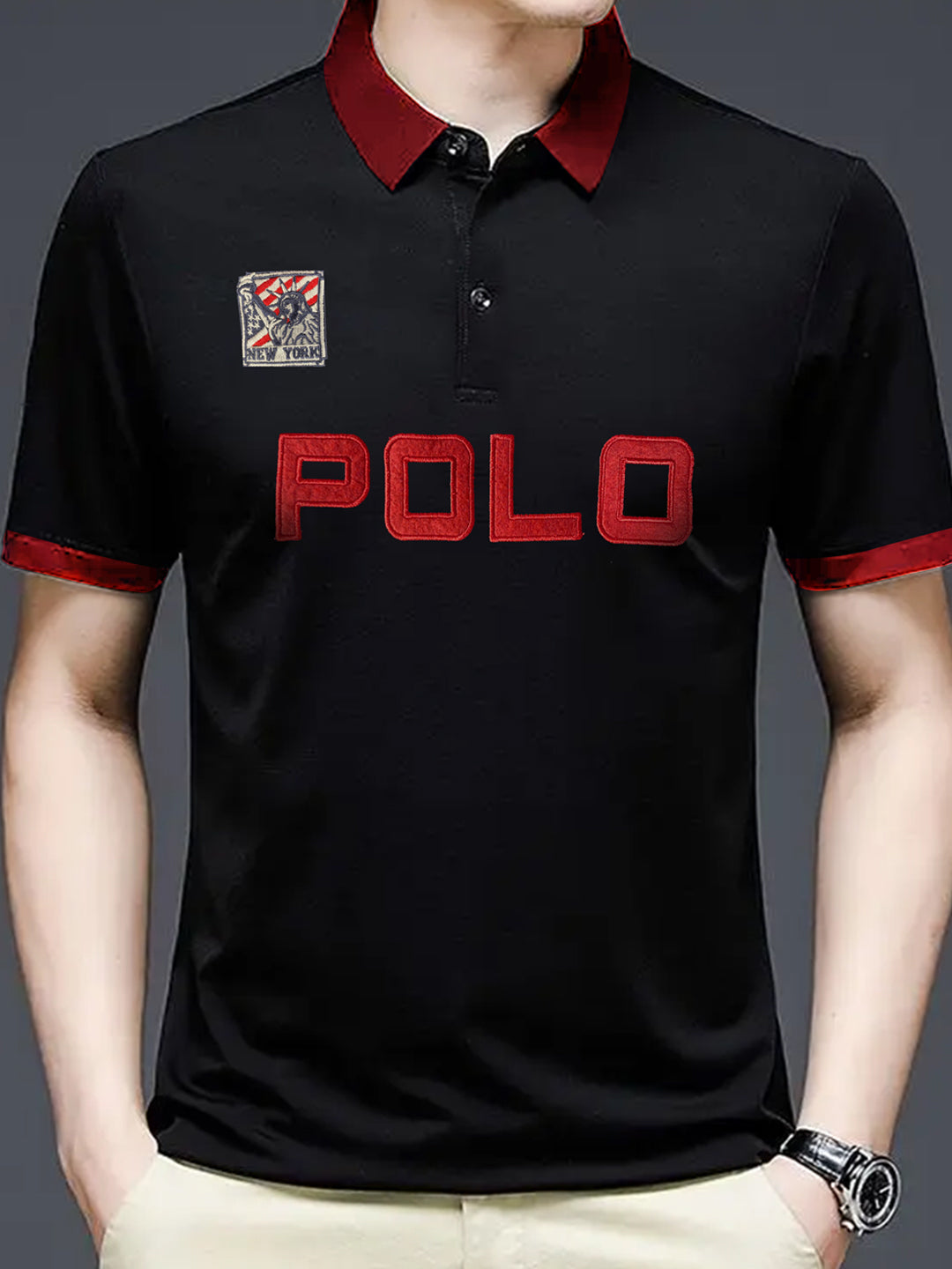 Men's Applique Logo Black Cotton Polo