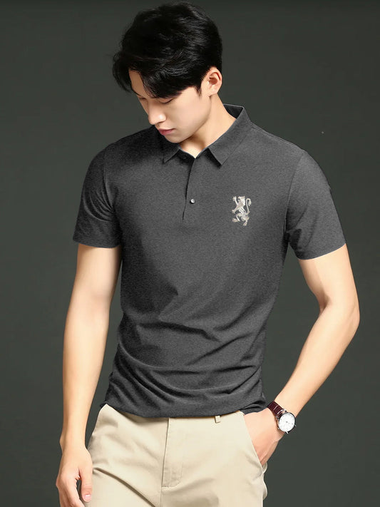 Men's Left Chest Embroidered Logo Charcoal Cotton Polo