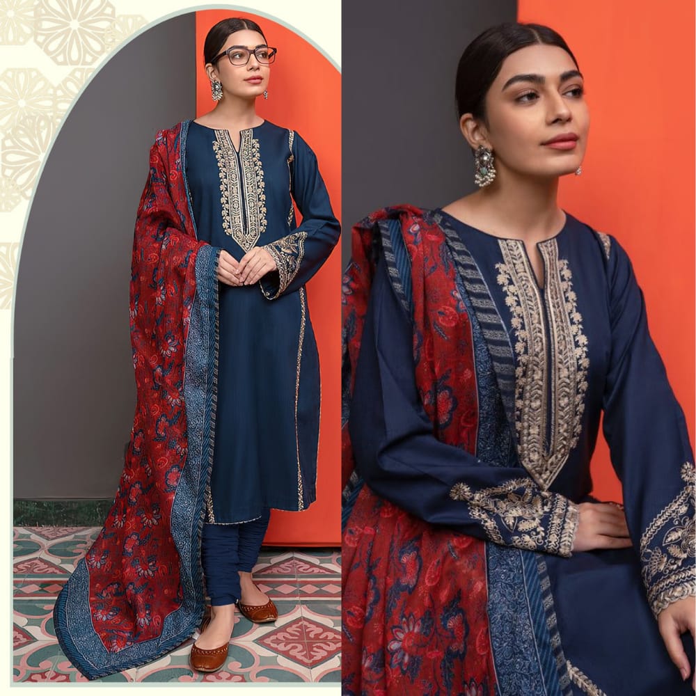 Branded blue printed embroidered lawn