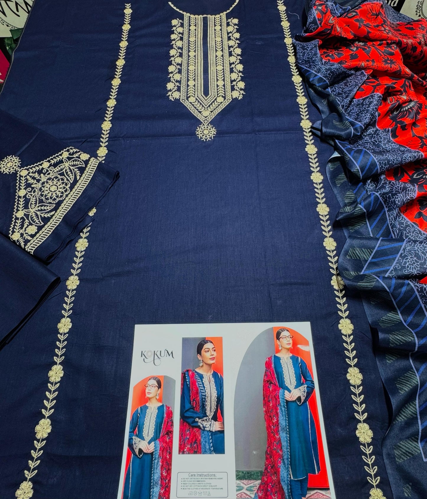 Branded blue printed embroidered lawn