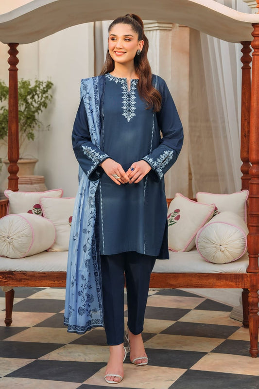 Branded navy blue printed embroidered lawn 3pcs