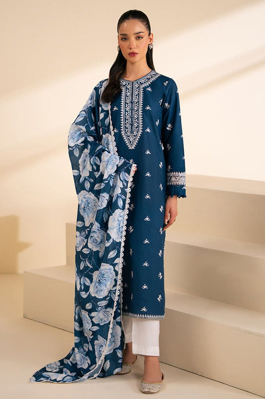 Branded navy blue printed embroidered lawn 3pcs